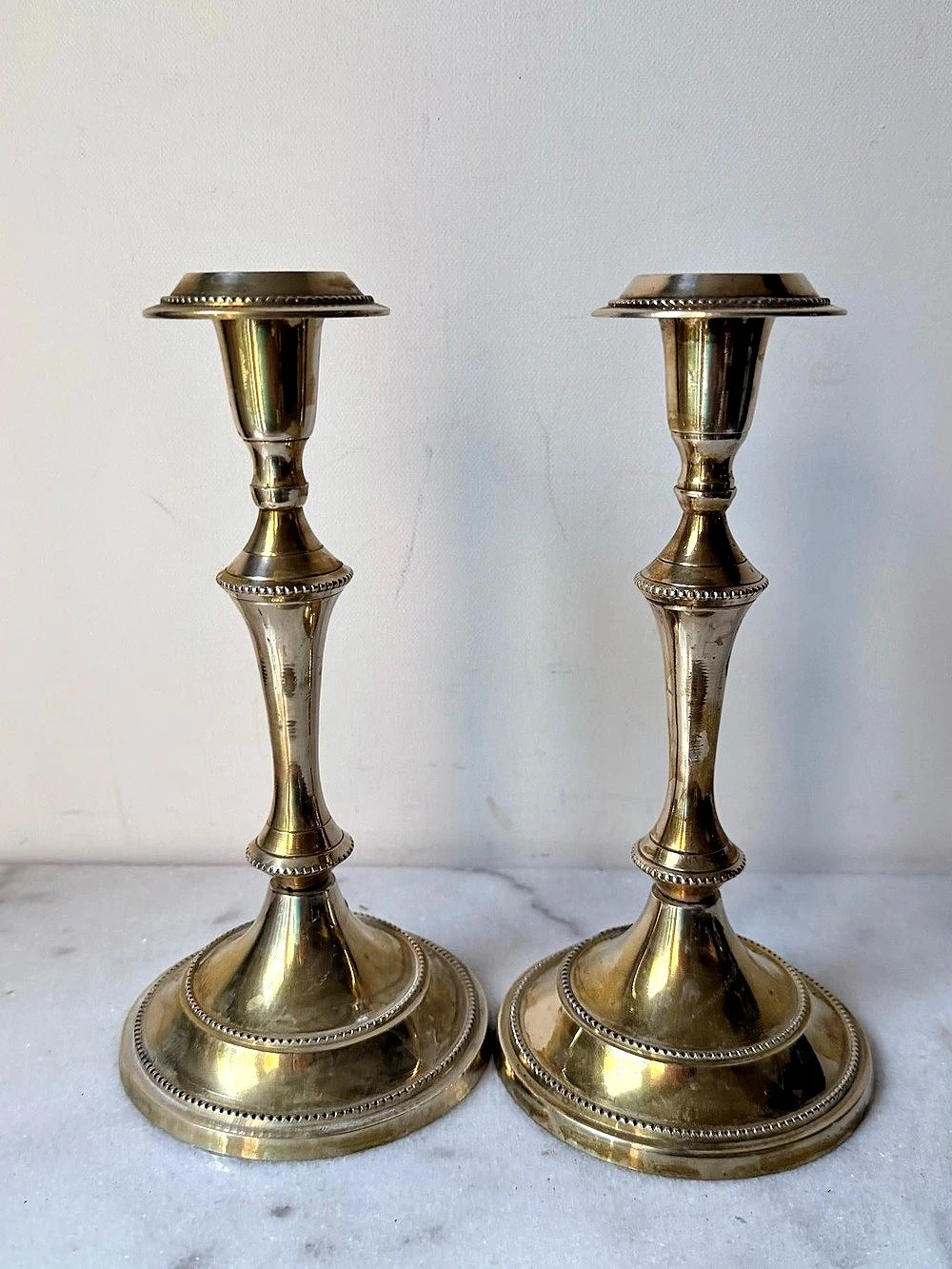 Vintage Solid Brass Beaded Candlestick Holders - Pair of 2 (8” Tall)